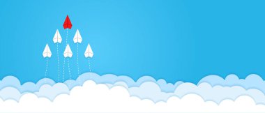 Gökyüzü arka plan illüstrasyon vektöründe uçak yarışması. Liderlik kavramı, takım çalışması, farklı, rekabet, iş dünyası, başlangıç, yönetim, hedef, strateji. 