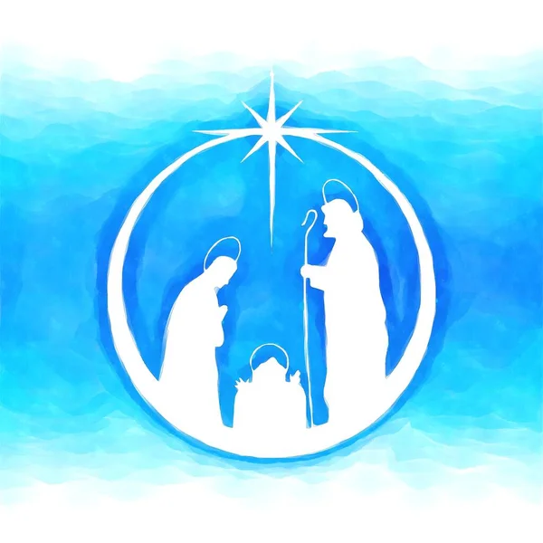 Cartão Natal Cena Natividade Uma Bola Fundo Azul — Fotografia de Stock
