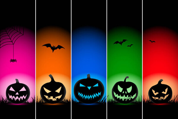 Composition of black silhouettes of Jack-o-lantern pumpkins with flying bats on grass against a multicolored background. Halloween party invitation, greeting card or wallpaper.