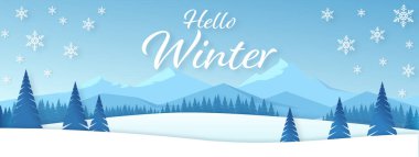 Kış manzarası, kar zemini, Noel ağaçları, kar taneleri, köknar dalları, vektör illüstrasyonu