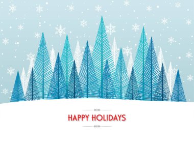 Karla kaplı ağaç ve metin içeren mavi kış tebrik kartı arkaplanı