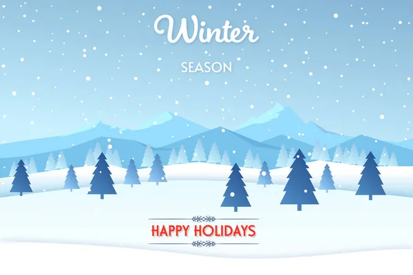 Blaue Winter Grußkarte Hintergrund Mit Schneebedeckten Bäumen Und Text — Stockvektor