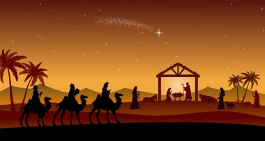 Christmas Nativity Scene in the desert at night clipart