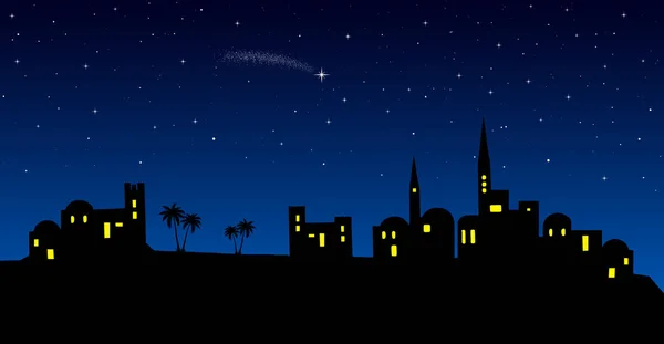 Kerststal Bethlehem City Skyline Woestijn Nachts — Stockvector