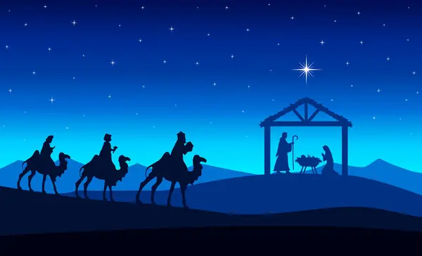 Presépio Natal Azul Três Sábios Viajam Para Manjedoura Deserto Noite — Vetor de Stock