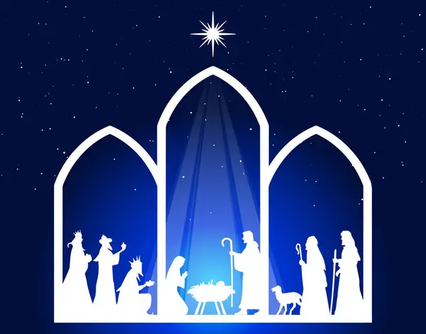Blauwe Kerststal Kerststal Wenskaart Achtergrond Bijbelse Illustratie — Stockvector