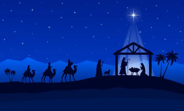 Geceleri Çölde Noel Doğumu Sahnesi — Stok Vektör