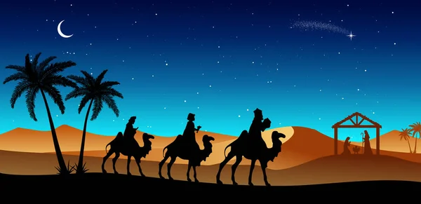 Belén Navidad Tres Reyes Magos Van Pesebre Desierto — Vector de stock
