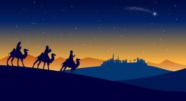 Noel Doğum Sahnesi - Üç Bilge Adam geceleyin çöldeki Beytüllahim 'e gider