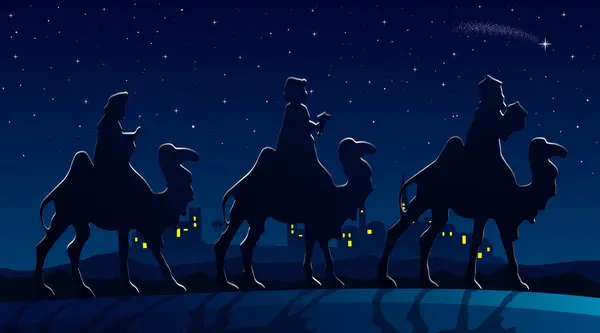 stock vector Christmas Nativity Scene - Three Wise Men in the desert at night