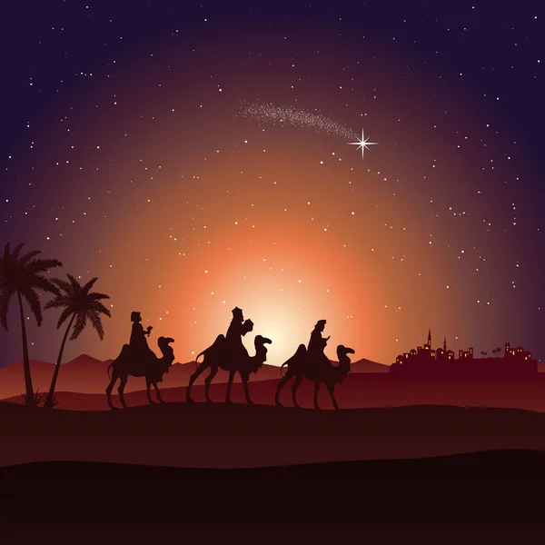 Рождественская Сцена Три Мудреца Идут Ночью Вифлеем Пустыне — стоковый вектор