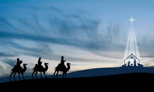 Scène Nativité Noël Trois Sages Hommes Vont Écurie Dans Désert — Photo