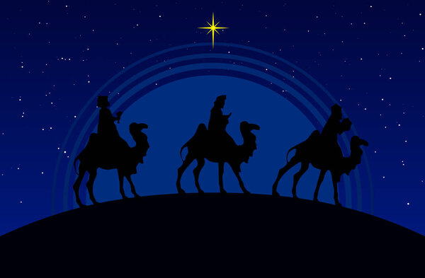 Christmas Nativity Scene - Three Wise Men in the desert at night