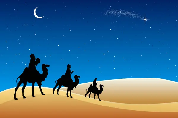 Christmas Nativity Scene Three Wise Men Desert Night — Stock Vector