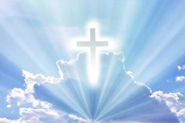 Sfondo Pasqua Con Una Croce Splendente Sul Cielo Blu Con — Foto Stock