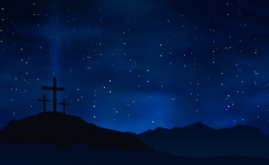 Geceleri tepede üç haç ve mavi yıldızlı gökyüzü olan Paskalya çizimleri.