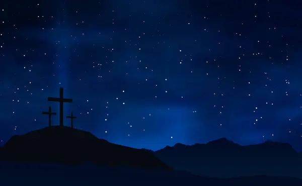 复活节图上有三个十字在山上 蓝色星空在夜晚 — 图库矢量图片