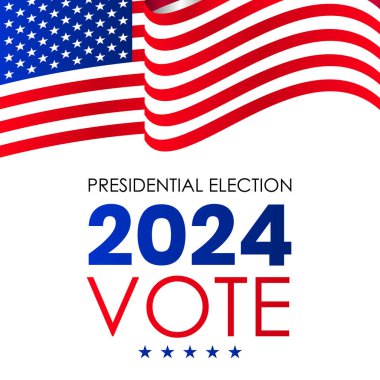 ABD 2024 Başkanlık Seçimleri arka planında Amerikan bayrağı renkleri tasarımı var. Seçim etkinliği afişi, kart, poster, şablon, oy iletişimi, geçmiş. Oylama günü, 5 Kasım. Vektör illüstrasyonu.