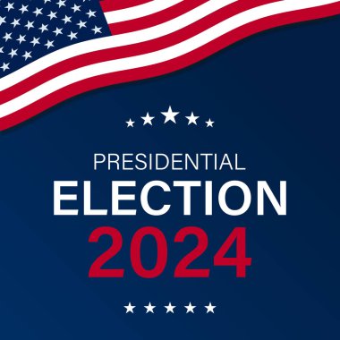 ABD 2024 Başkanlık Seçimleri arka planında Amerikan bayrağı renkleri tasarımı var. Seçim etkinliği afişi, kart, poster, şablon, oy iletişimi, geçmiş. Oylama günü, 5 Kasım. Vektör illüstrasyonu.