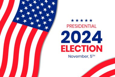 ABD 2024 Başkanlık Seçimleri arka planında Amerikan bayrağı renkleri tasarımı var. Seçim etkinliği afişi, kart, poster, şablon, oy iletişimi, geçmiş. Oylama günü, 5 Kasım. Vektör illüstrasyonu.
