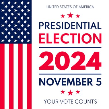 ABD 2024 Başkanlık Seçimleri arka planında Amerikan bayrağı renkleri tasarımı var. Seçim etkinliği afişi, kart, poster, şablon, oy iletişimi, geçmiş. Oylama günü, 5 Kasım. Vektör illüstrasyonu.