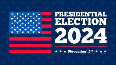 ABD 2024 Başkanlık Seçimleri arka planında Amerikan bayrağı renkleri tasarımı var. Seçim etkinliği afişi, kart, poster, şablon, oy iletişimi, geçmiş. Oylama günü, 5 Kasım. Vektör illüstrasyonu.