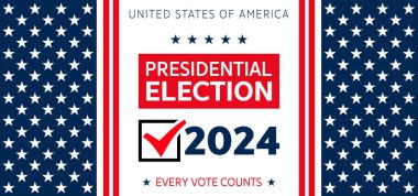 ABD 2024 Başkanlık Seçimleri arka planında Amerikan bayrağı renkleri tasarımı var. Seçim etkinliği afişi, kart, poster, şablon, oy iletişimi, geçmiş. Oylama günü, 5 Kasım. Vektör illüstrasyonu.