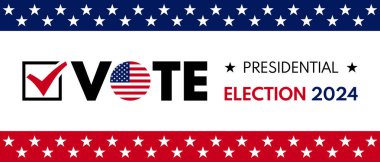 ABD 2024 Başkanlık Seçimleri arka planında Amerikan bayrağı renkleri tasarımı var. Seçim etkinliği afişi, kart, poster, şablon, oy iletişimi, geçmiş. Oylama günü, 5 Kasım. Vektör illüstrasyonu.