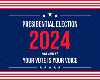 ABD 2024 Başkanlık Seçimleri arka planında Amerikan bayrağı renkleri tasarımı var. Seçim etkinliği afişi, kart, poster, şablon, oy iletişimi, geçmiş. Oylama günü, 5 Kasım. Vektör illüstrasyonu.