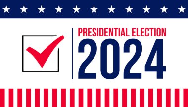 ABD 2024 Başkanlık Seçimleri arka planında Amerikan bayrağı renkleri tasarımı var. Seçim etkinliği afişi, kart, poster, şablon, oy iletişimi, geçmiş. Oylama günü, 5 Kasım. Vektör illüstrasyonu.