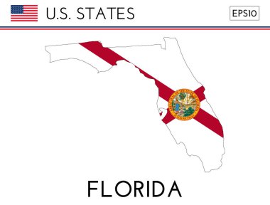 Florida 'nın bayraklı eyalet haritası. Florida bayrak renklerinde Florida haritası. Bayrak renkleriyle dolu ana hat haritası. Vektör illüstrasyonu.