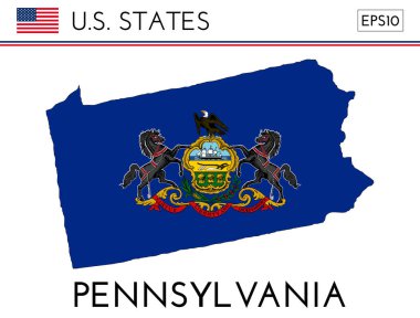Pennsylvania eyaleti bayraklı haritası. Pennsylvania bayrak renklerinde Pennsylvania haritası. Bayrak renkleriyle dolu ana hat haritası. Vektör illüstrasyonu.