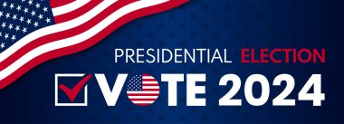 ABD 2024 Başkanlık Seçimleri arka planında Amerikan bayrağı renkleri tasarımı var. Seçim etkinliği afişi, kart, poster, şablon, oy iletişimi, geçmiş. Oylama günü, 5 Kasım. Vektör illüstrasyonu.