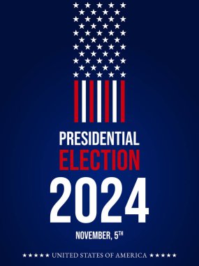 ABD 2024 Başkanlık Seçimleri arka planında Amerikan bayrağı renkleri tasarımı var. Seçim etkinliği afişi, kart, poster, şablon, oy iletişimi, geçmiş. Oylama günü, 5 Kasım. Vektör illüstrasyonu.