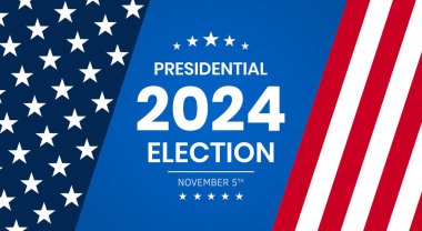 ABD 2024 Başkanlık Seçimleri arka planında Amerikan bayrağı renkleri tasarımı var. Seçim etkinliği afişi, kart, poster, şablon, oy iletişimi, geçmiş. Oylama günü, 5 Kasım. Vektör illüstrasyonu.