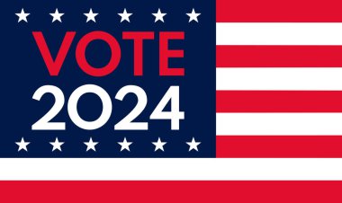 ABD 2024 Başkanlık Seçimleri arka planında Amerikan bayrağı renkleri tasarımı var. Seçim etkinliği afişi, kart, poster, şablon, oy iletişimi, geçmiş. Oylama günü, 5 Kasım. Vektör illüstrasyonu.