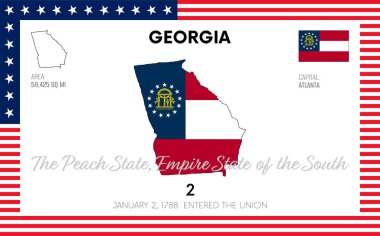 Vector poster background of the US state of Georgia, with name, map, state flag, borders, nickname, order number and date of admission to the Union, capital, area. Illustration 10 of a series of 50. clipart