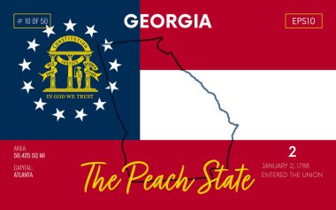 Vector poster background of the US state of Georgia, with name, map borders, state flag design, nickname, order number and date of admission to the Union, capital, area. Illustration 10 of 50.  clipart