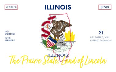 Vector poster background of the US state of Illinois, with name, map borders, state flag design, nickname, order number and date of admission to the Union, capital, area. Illustration 13 of 50.  clipart