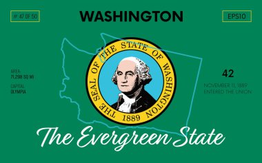 ABD 'nin Washington eyaletinin isim, harita sınırları, eyalet bayrağı tasarımı, takma adı, sipariş numarası ve Birliğe giriş tarihi, sermaye, alan ile vektör afişi. Resim: 50 'de 47. 