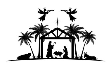 Christmas Nativity scene background. Black silhouettes isolated on white. Vector illustration. clipart