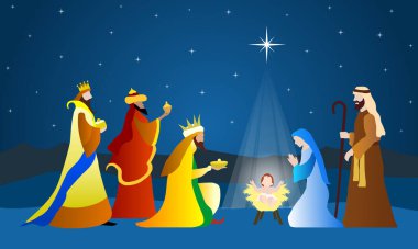 Noel İsa 'nın doğumu sahnesi. Magi 'ye Tapma. Vektör illüstrasyonu.
