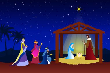 Noel İsa 'nın doğumu sahnesi. Magi 'ye Tapma. Vektör illüstrasyonu.