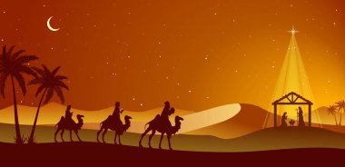 Noel İsa 'nın doğumu sahnesi. Üç Bilge Adam kulübeye geliyor. Geceleri çöl manzarası. Vektör illüstrasyonu.