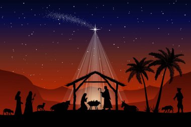 Noel İsa 'nın doğumu sahnesi. İsa Mesih çöl ortamında doğmuş. Vektör illüstrasyonu.