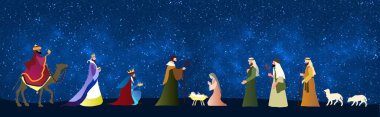 Noel İsa 'nın doğuş sahnesi çizimi. Magi 'ye Tapma. Üç Bilge Adam ve Çoban ahıra. Mavi yıldızlı arkaplandaki karakterler.