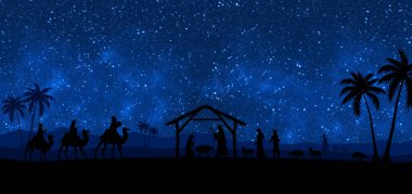 Noel İsa 'nın doğuş sahnesi çizimi. Üç bilge adam gece çöl setine geliyor. Mavi yıldızlı gökyüzü arkaplanındaki karakterler.