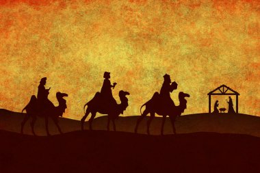 Noel İsa 'nın doğuş sahnesi çizimi. Üç Bilge Adam kulübeye gidiyor. Turuncu grunge doku arkaplanındaki karakterler.