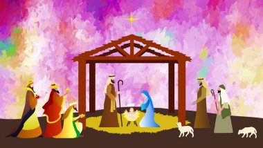 Noel İsa 'nın doğumu sahnesi. Magi 'ye Tapma. Vektör illüstrasyonu EPS10.