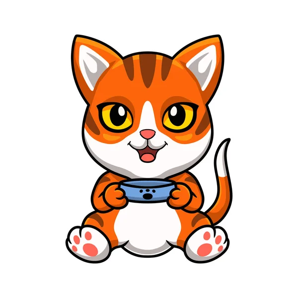 Векторная Иллюстрация Милой Апельсиновой Табби Кошки Миской Еды — стоковый вектор